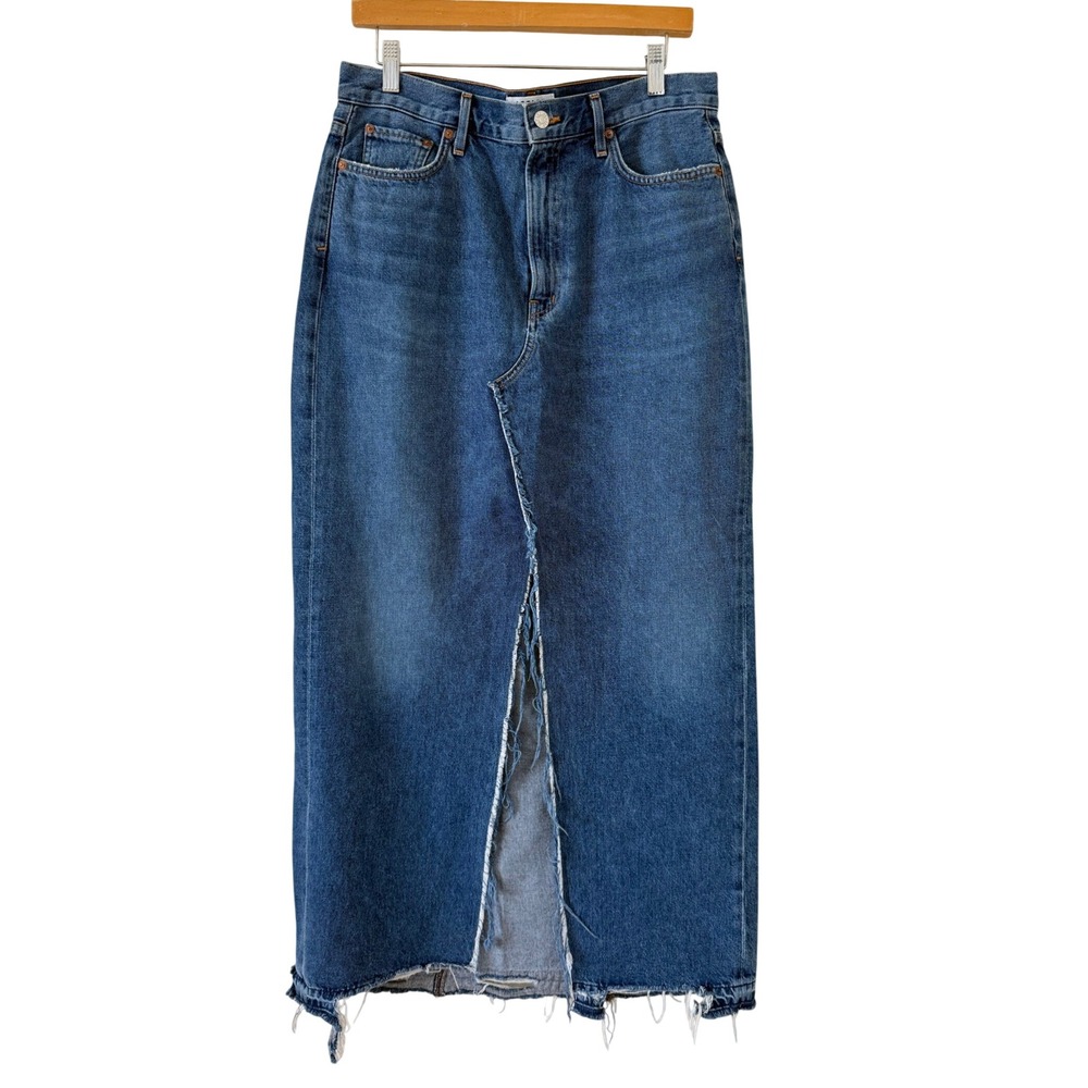 AGOLDE Women's Grunge 90's Deconstructed Indigo Raw Hem Midi Skirt Size 30 Edgy